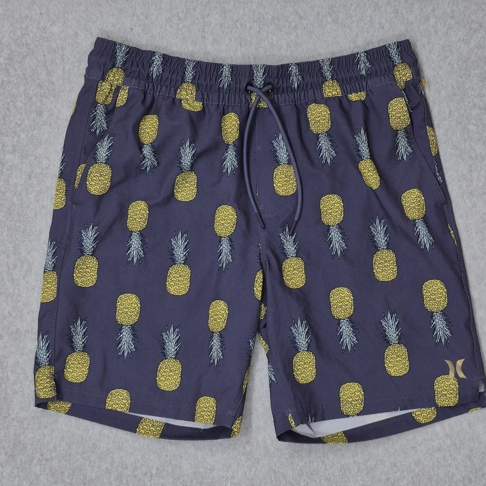 Hurley Men Swimwear MEDIUM Purple Embroidered Swim Trunks Graphic Pineapples